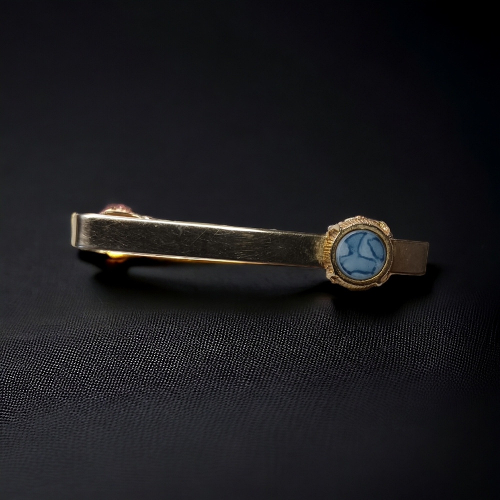 Goldtone Tie Clip with Blue and white Faux stone